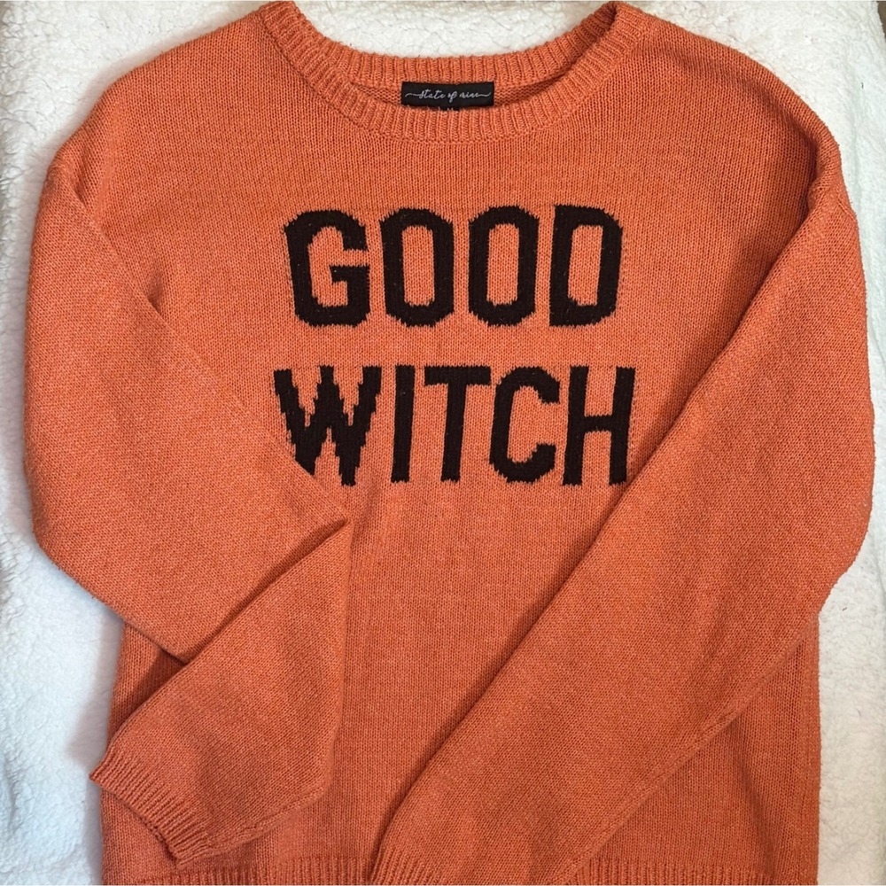State of Mine Good Witch Orange Halloween Sweater Womens M Recycled Poly
